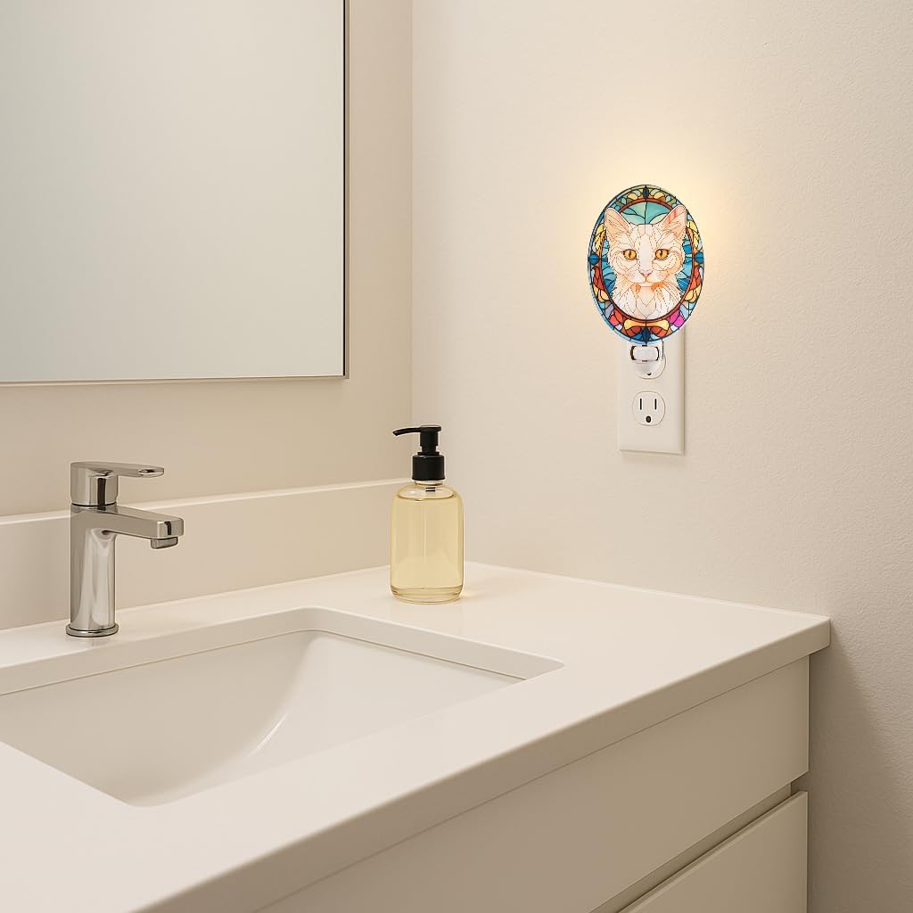 Stained Glass Styled White Cat Night Light, Real Glass Plug-in Night Light with Vertical Outlet On/Off Switch Hallway Home Decor