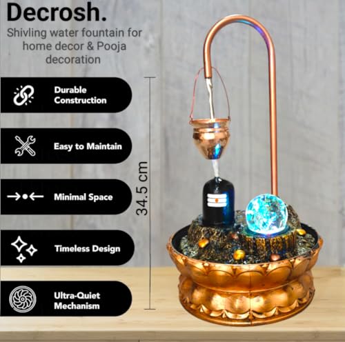 Image of Decrosh Copper Metal Shivling Water Fountain with Crystal Ball for Home Decor Showpiece Tabletop Waterfall Decoration | Indoor & Outdoor
