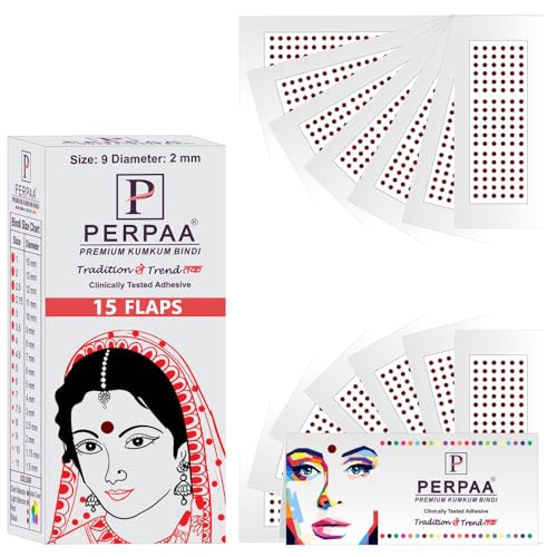 Image of PERPAA Premium Velvet Sticker Kumkum Bindi Box of 15 Flaps - Pottu for Women,Ladies, Girls (Size 9, Diameter 2mm, Dark Maroon)