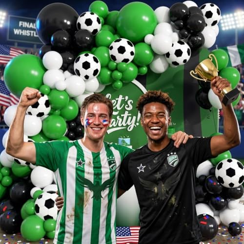 Image of 181Pcs Soccer Balloon Garland Arch Kit -Green White Black Soccer Party Decorations 18 12 10 5 Different Sizes Latex Party Balloons for Birthday World Football Boys Sports Theme Decorations 86