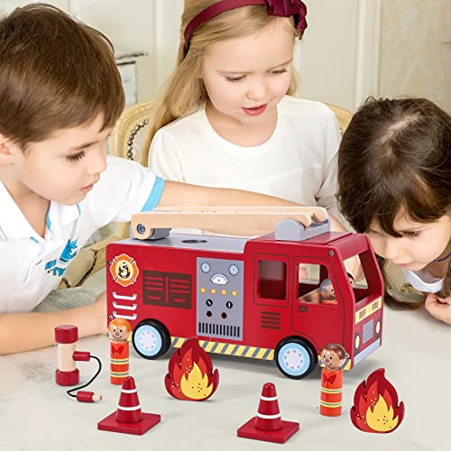 SOKA Wooden Fire Engine Truck with Firefighter Figurines Educational ...