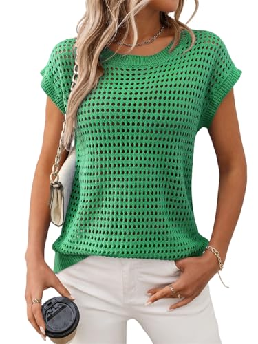 Crochet Tops for Women Hollow Out Sweater Vest Cap Short Sleeve Knitted Pullover Tops