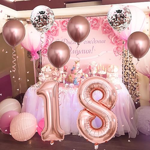Image of 18th Birthday Decorations for Girls, 18th Birthday Balloons with 40 Inch Foil Number 18 Balloon Rose Gold Birthday Confetti Balloons Metallic Latex Balloons Set for 18 Years Old Birthday Decorations