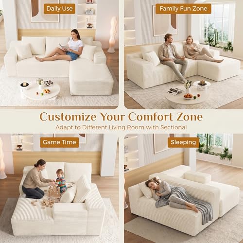 Image of 108 inch Boneless Cloud Sectional Couches for Living Room, Comfy Fluffy L Shaped Memory Foam Deep Seat Boneless Couch, Modular Sectional Sofa with Right Facing Chaise, White