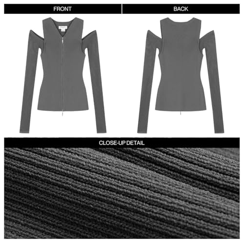 Image of URBAN REVIVO Women Cold Shoulder Sweater Cardigan Long Sleeve V Neck Zip Up Knitted Sweaters Top Fall Winter