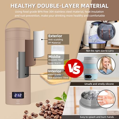 Image of Travel Electric Kettle Portable Small Mini Tea Coffee Kettle Water Boiler, Water Heater with 4 Temperature Control,304 Stainless Steel with Auto Shut-Off & Boil Dry Protection, BPA-Free (Khaki)