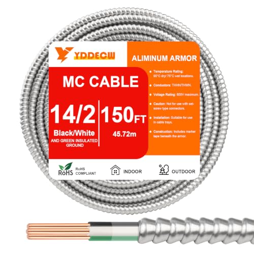 Image of 150FT 14 /2 Metal Clad (MC) Cable with Ground, 14 Gauge Electric Wire with Aluminum Armor, Solid Bare Copper Conductors for Indoor Outdoor Underground Embedded Installation (14 /2, 150 ft)