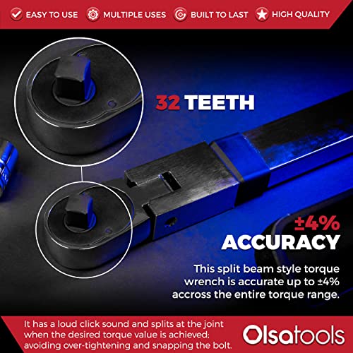 Olsa Tools Split Beam Torque Wrench (1/2-Inch Drive) - +-4% Accuracy, 32 Teeth - 50-250 Ft-Lb Torque Range - 15° Flex Head - Professionally Certified - Professional-Grade Torque Wrench - Part: 1242 #TOP4
