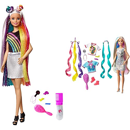 Barbie Bambola Con Capelli Lunghi Arcobaleno E Tanti Accessori, Giocattolo Per Bambini 3 + Anni & Bambola Capelli Fantasia A Tema Unicorni E Sirene Con Accessori, Giocattolo Per Bambini 3+ Anni