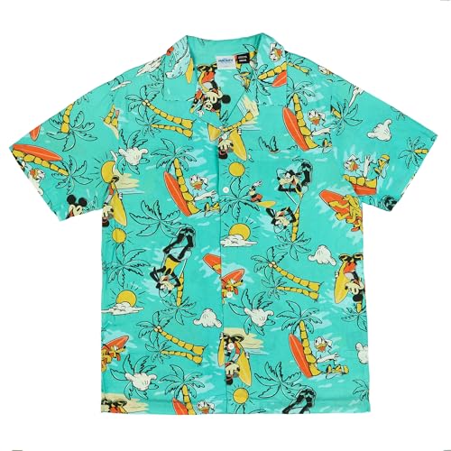 Disney Mickey and Friends Teal Tropical Hawaiian Shirt Mens Button Up Woven Top (X-Large)
