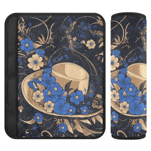 2 almohadillas para correa de hombro de coche, diseño de flores misteriosas azules y doradas, para conducción más cómoda, almohadilla de asiento de coche para camión, sedán, la mayoría de los coches