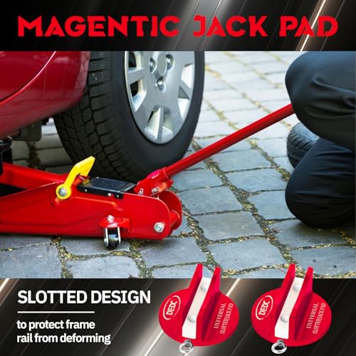 Image of DEDC Universal Pinch Weld Jack Pad 2 Pcs Red, Magnetic Aluminum Jacking Puck Frame Rail Protecotr with 2 Reminder Streamers Compatible, Garage Accessories for Mechanics