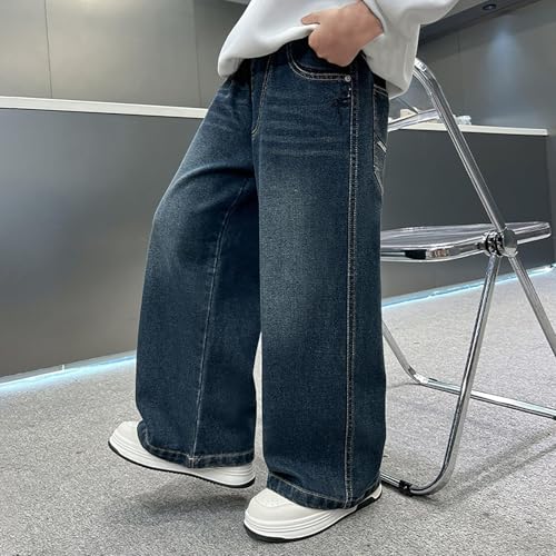 Boys Baggy Jeans Straight Wide Leg Denim Jeans Casual Elastic Waist Loose Fit Trousers Y2K Streetwear with Pockets4