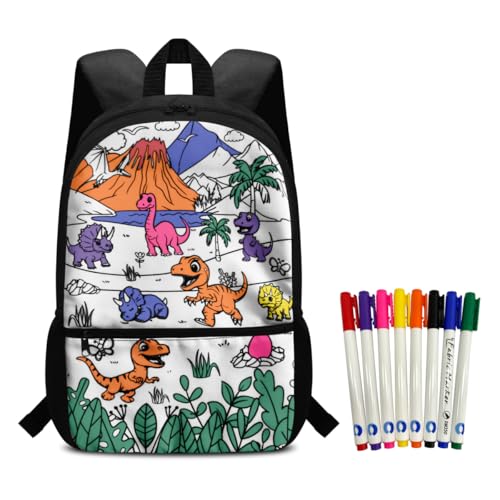 Color Your Own Backpack Coloring Dinosaur Backpack for Boys 8-12 with Markers Personalized Doodle DIY School Bag for Kids 17 inch Art Crafts Bookbag