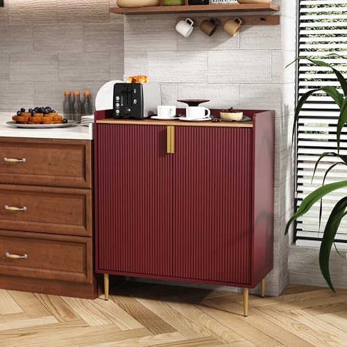 Image of ARTPOWER Coffee Bar Cabinet with Wine Rack&Glass Holder, Red