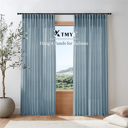 Image of XTMYI Stone Blue Curtains 90 Inches Long for Living Room,Light Filtering Country Vintage Hooks Pleated Back Tab Semi Sheer Linen Curtains for Bedroom 2 Panels Set,Dusty Blue