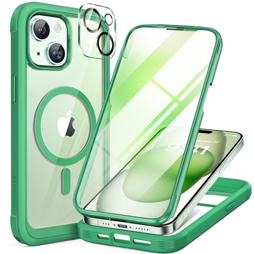 Image of Miracase Magnetic for iPhone 15 Plus Case 6.7'' [Compatible with Magsafe] Full-Body Military Drop Proof 15 Plus Phone Case Cover with Built-in 9H Tempered Glass Screen Protector,Magnetic Green | Magnetic