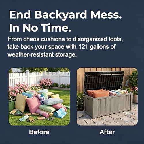 Image of 121 Gallon Resin Deck Box for Patio - Outdoor Storage Chest for Patio Furniture Cushions, Garden Tools, Pool Accessories - Lockable, Waterproof, All-Weather, Wood Grain Design, Easy Assembly