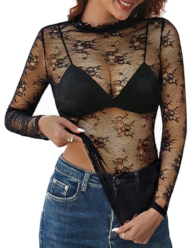 Kate Kasin Lace Tops for Women, Sexy Mesh Long Sleeve Sheer Shirts, Slim Fitted See Through Lace Blouses
