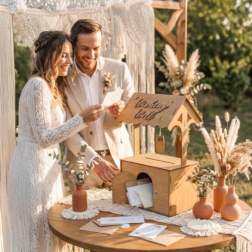Image of OurWarm Wooden Wishing Well Wedding Card Box with Lock & Flower Trough, Brown Wedding Card Boxes for Reception, Rustic Box for Cards at a Party for Birthday Graduation Baby Shower Reception Decor