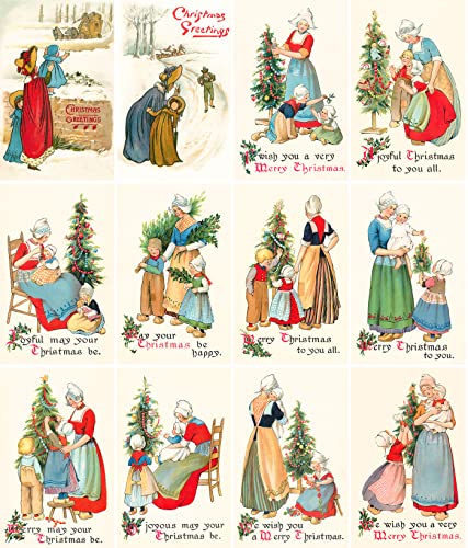 Image of PIXILUV FAMILY CHRISTMAS (Pack of 12) Notecards Small Greeting Cards # Vintage Happy Family and Christmas Wishes ~ Vintage Christmas Postcards Reprint