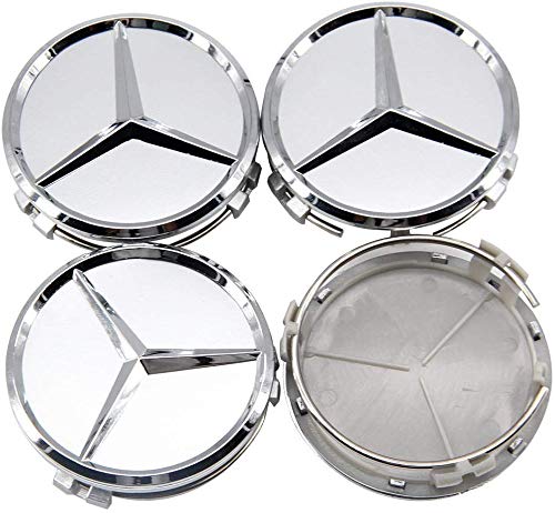 IGGY 4 x Tapones Tapacubos Silver Blanco Logo compatible DE 75 mm  Clase A B C E CLK GL M ML SLK  para Tachuelas Círculos Aleación