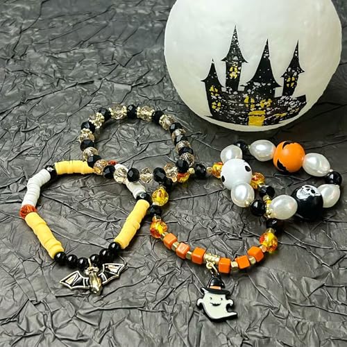 Halloween Bracelets for Women Pumpkin Skull Ghosts Bat Spider Stretch Beaded Bracelets Stackable Bracelet Halloween Jewelry for Women4