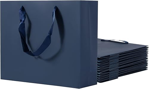 Dasofine Bolsas de regalo azul marino, 25 bolsas de regalo de 10.6 x 3.1 x 8.7 pulgadas, bolsas de regalo azul marino con asa, bolsas de papel kraft