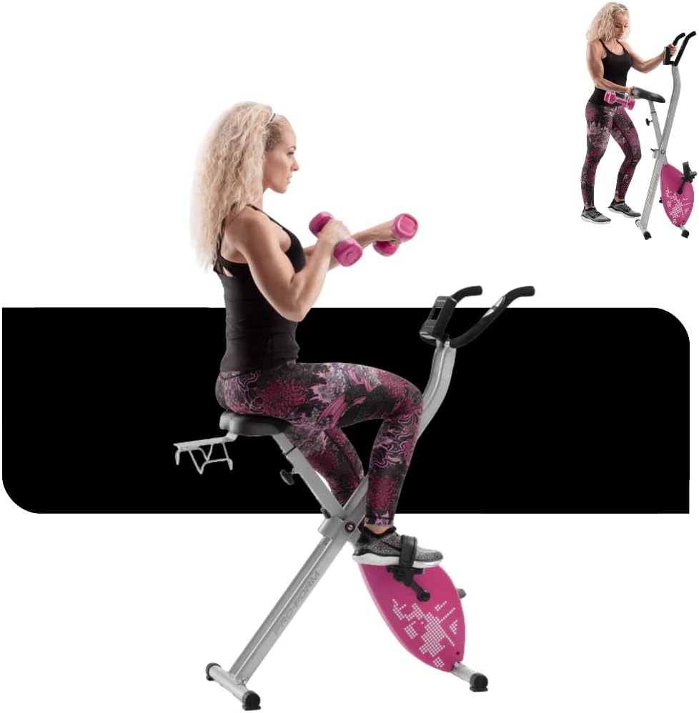 Proform X Bike Ultra-Quiet Folding Exercise Bike with Two 2 lb Dumbbells, Heart Rate and LCD Monitor, Easy to assemble for home workout.on this indoor stationary bike- Pink