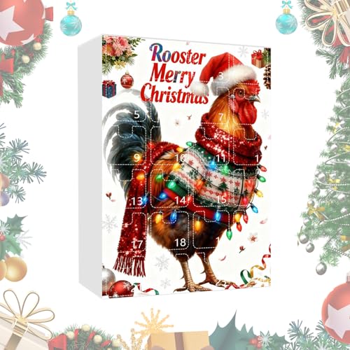 Calendrier de Noël, 2D en acrylique, coq - Décoration rustique - 24 grilles - Avent - Compte à rebours - Nouvel An - Collection souvenir de la ferme à la...