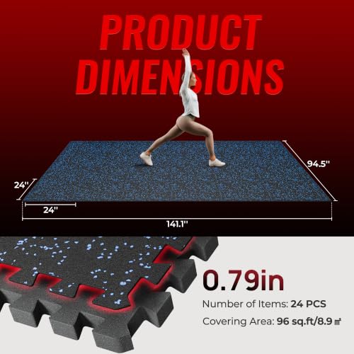 Image of SUPERJARE 0.79'' Extra-Thick Exercise Equipment Mats, 24 Pcs 96 Sq Ft Rubber Top Floor Tiles with High Density EVA Foam, Interlocking Gym Flooring for Home Gym, Workout Mat, Black /Blue