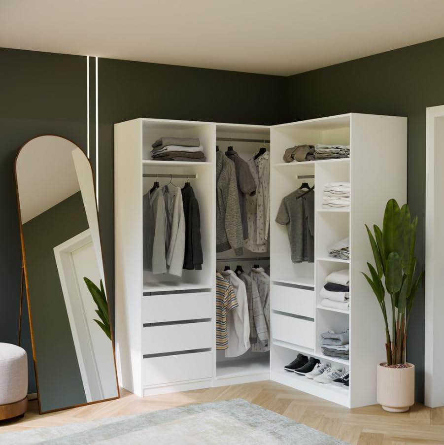BDW - OPENO Modulares Garderoben Set – Offener Kleiderschrank - Moderne Garderobe mit Kleiderstangen, Schubladen, Regalen und Aufsätzen für Schlafzimmer, Flur oder Ankleidezimmer - Modul 260x200, Weiß