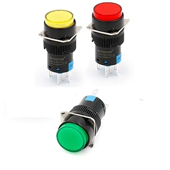 KAMCON? 16mm Push Button Switch Momentary Round Cap LED Lamp Red, Yellow,Blue,Green Light DC 24V SPDT 5 Pin (1 Set of RGY)