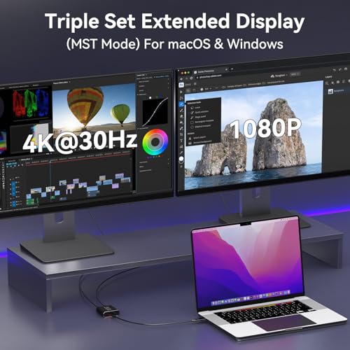 Image of HDMI Splitter Extended Display for Dual Monitor USB A & C to 2 hdmi Adapter 1 in 2 Out for Laptop Mac Triple Set Support MST & SST Modes; 4K@30Hz Out 1, 1080p Out 2