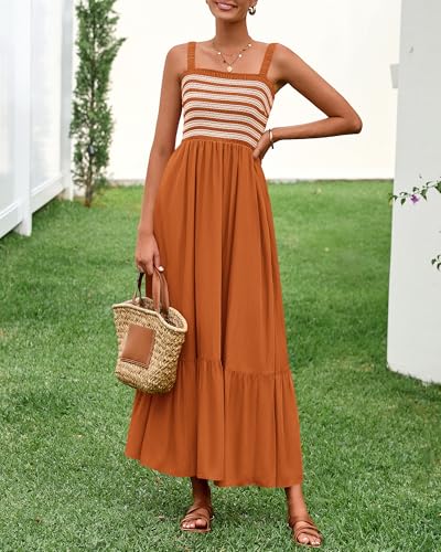 Image of BTFBM Summer Midi Dresses for Women 2025 Spring Sleeveless Square Neck Smocked Flowy Long Beach Vacation Sundress Pocket