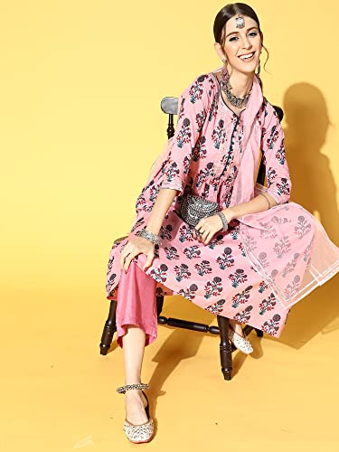 Image of INDO ERA Women's Cotton Blend Floral Printed A-Line Kurta With Pant & Dupatta Set (21GGG3904 Pink)