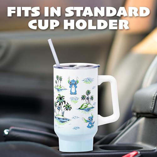 Image of Silver Buffalo Disney Lilo and Stitch Vintage Sketch Palm Trees and Flowers Double Walled Stainless Steel Tumbler with Handle and Straw, Fits in Standard Cup Holder, 40 Ounces