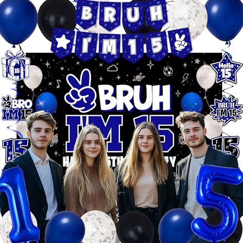 Image of 15th Birthday Decorations for Boys and Girls, Blue and Black Happy 15th Birthday Party Decorations, Bruh I'm 15 Backdrop, Foil Balloons 15, Banner, Balloons, Hanging Swirls, Birthday Card Set 41pcs