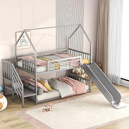 BOVZA Metal Twin Over Twin House Bunk Bed with Slide and