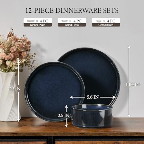 Image of E-far 12-Piece Plates and Bowls Sets, Stoneware Dinnerware Dishes Sets for 4, Kitchen Modern Dining Dishware, Chip & Scratch Resistant, Microwave & Dishwasher Safe, Midnight Blue