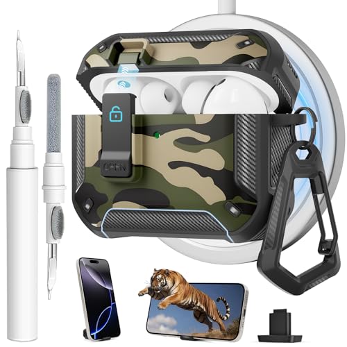 Image of for AirPods Pro 3 Case with Magnetic Lock and Phone Stand, Compatible with Magsafe Charging,with Carabiner&Cleaner kit for Apple iPod Pro 3rd Generation Cover(2025) Men Women (Camouflage Green)