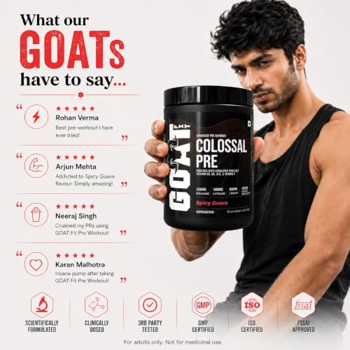 Image of Colossal Pre | PreWorkout Powder (Spicy Guava 180gm 15 Servings) 200mg Caffeine 3.5g Beta-Alanine 3g Citrulline 1.5g Arginine 1g Creatine with Himalayan Pink Salt