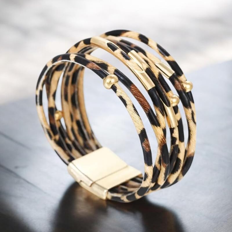 Caiyao Simple Beaded Leather Wrap Bracelets for Women Leopard Print Trendy Layered Stackable Buckle Bohemian Wrist Cuff Bangle Jewelry3