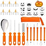 Set de Calabaza Tallado de Halloween, 11 Piezas Herramienta de Tallar Calabaza + 10 Plantillas de Talla + 6 Velas LED + 1 Bolsa de Transporte, para Linterna de Calabaza de Bricolaje de Halloween