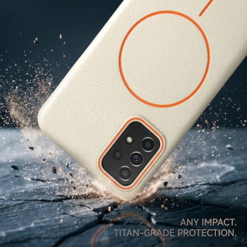 Image of amazon basics Luxury MagSafe Compatible Leather Texture Back Cover for Samsung Galaxy A73 5G | Raised Camera Protection | Slim Fit Shockproof Case with Metallic Accents (White)