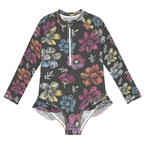 Cartoon Coloring Flowers Girls Long Sleeve Swimsuits One Piece Zipper Bathing Suit UPF 50+ Rashguard Swimwear