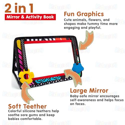 Image of Kidology Baby Mirror Book Toy | Infant Sensory Development with Soft Silicone Teether Tummy Time with High Contrast Black & White Cards ,Flaps & Foldable Design | New Born Gifts for 0-24 Months