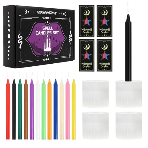 Set di 48 candele magiche con 4 portacandele in selenite su misura – candele colorate per stregoneria, rituali, meditazione, altare – Stabilità garantita, combustione sicura