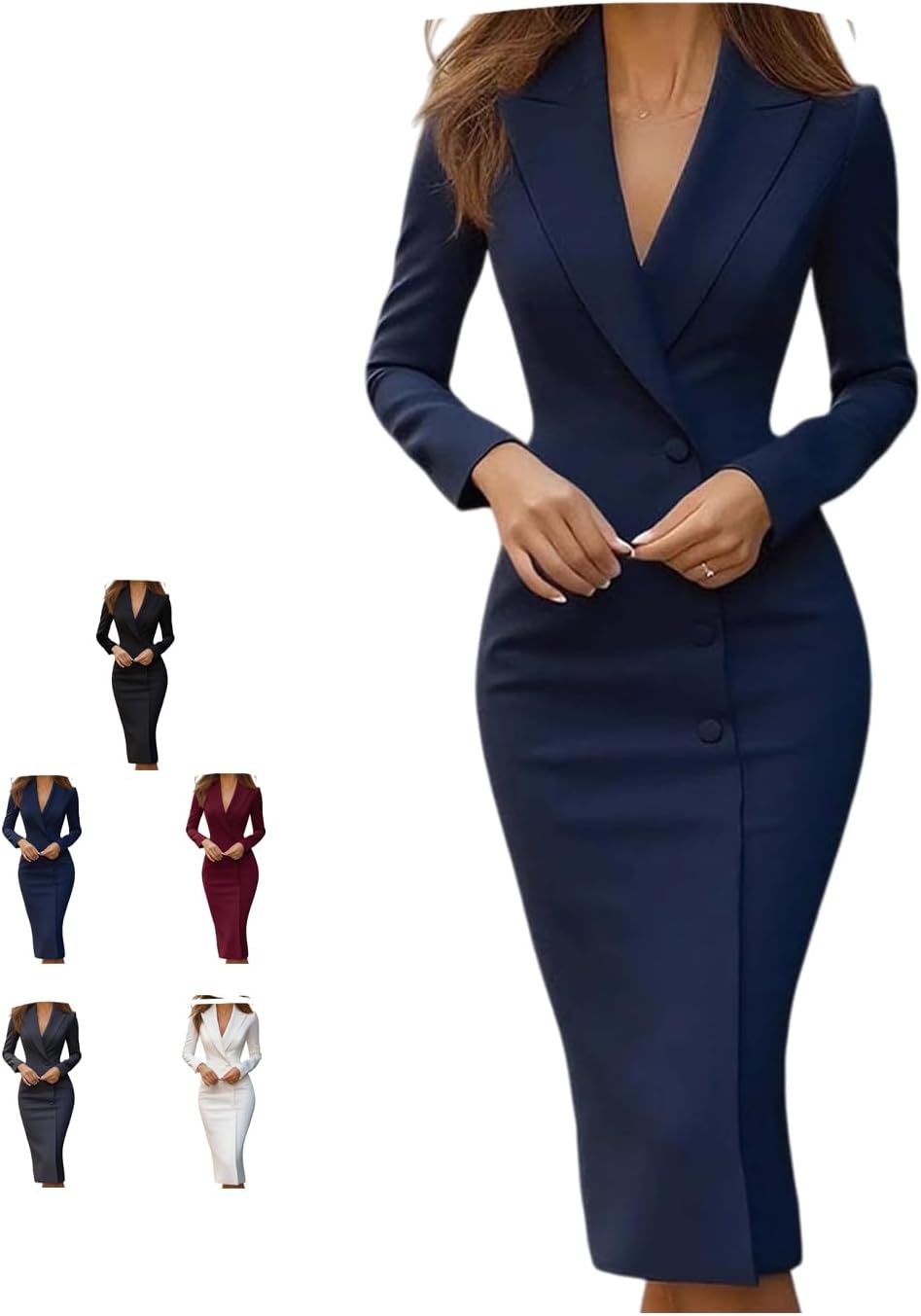 Womens Work Midi Dress Long Sleeve V Neck Elegant Dressy Fitted Wrap Design for Business Meetings Wedding Guest Prom Occasion