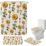 Summer Flowers 4PCS Shower Curtains Set with Toilet Lid...